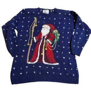 Marisa Christina Vintage Holiday Sweater Santa Claus Navy Red Christmas Knit